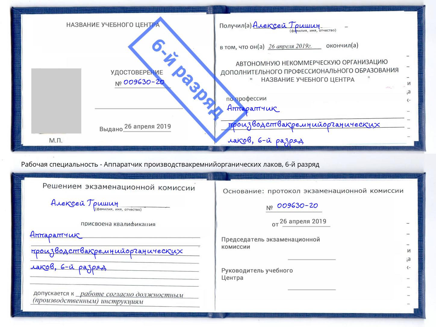 корочка 6-й разряд Аппаратчик производствакремнийорганических лаков Бугуруслан