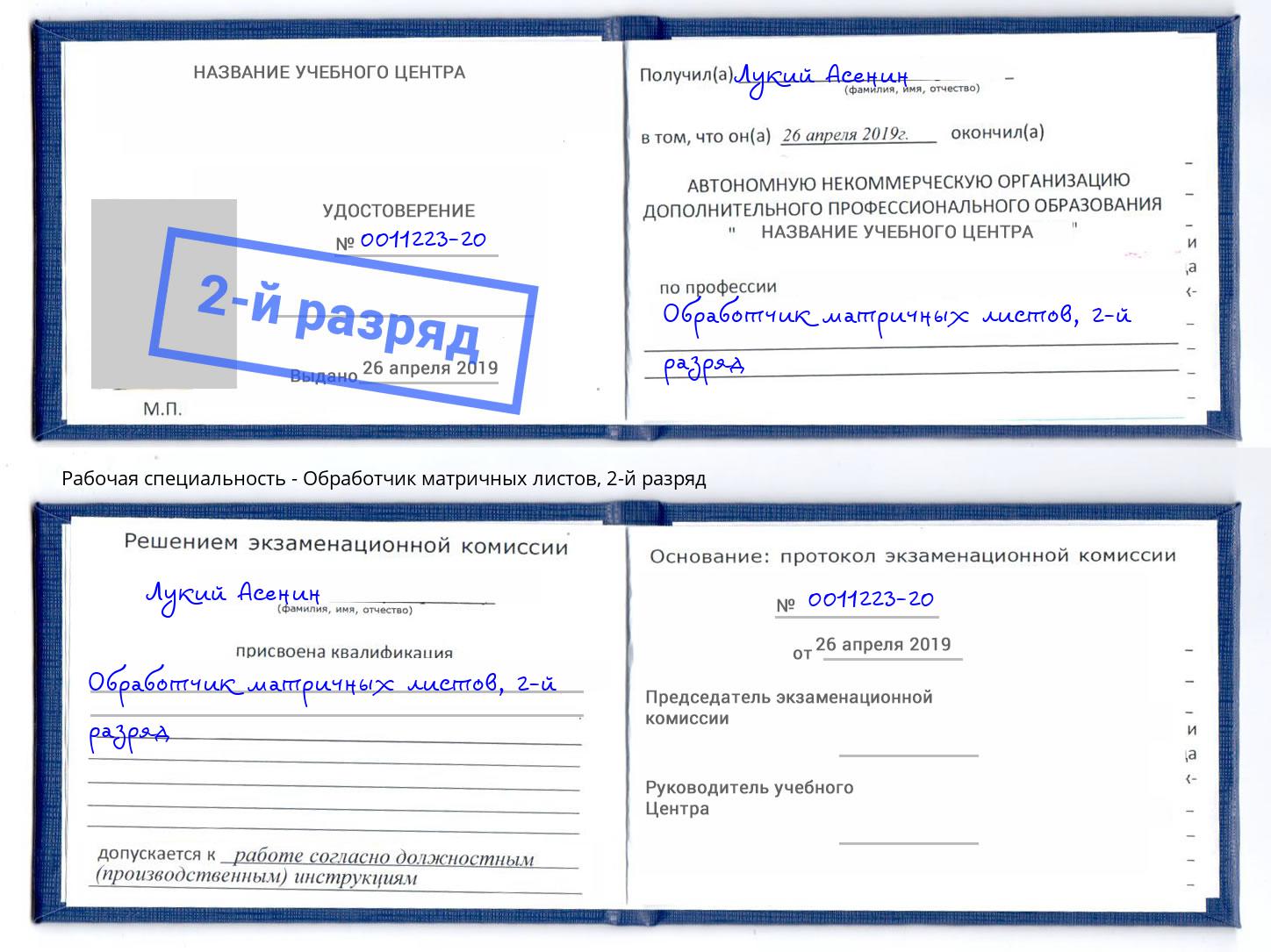корочка 2-й разряд Обработчик матричных листов Бугуруслан